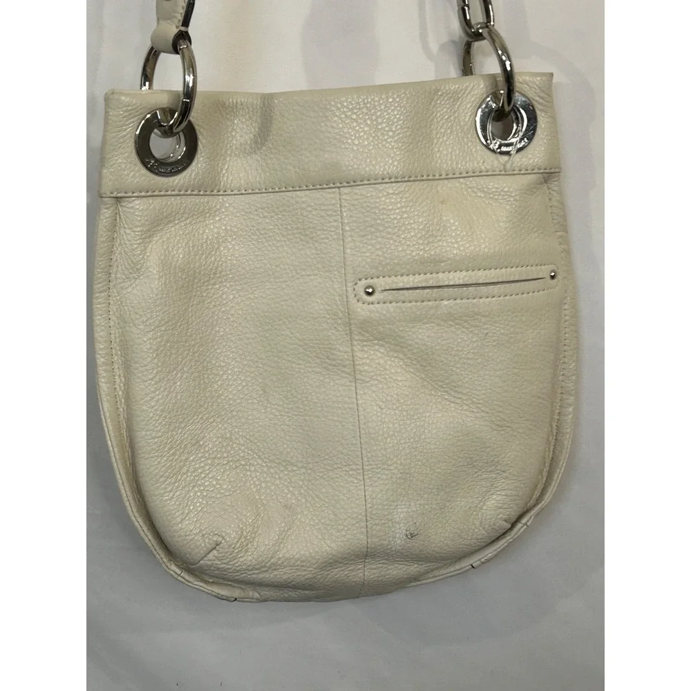 B Makowsky Beige Chartreuse Leather Crossbody Bag Silver Buckle and Keychain